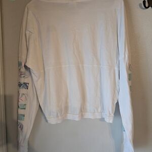 Women's PINK White Long Sleeve Top with Tropical Sleeve Accents PINK lettering